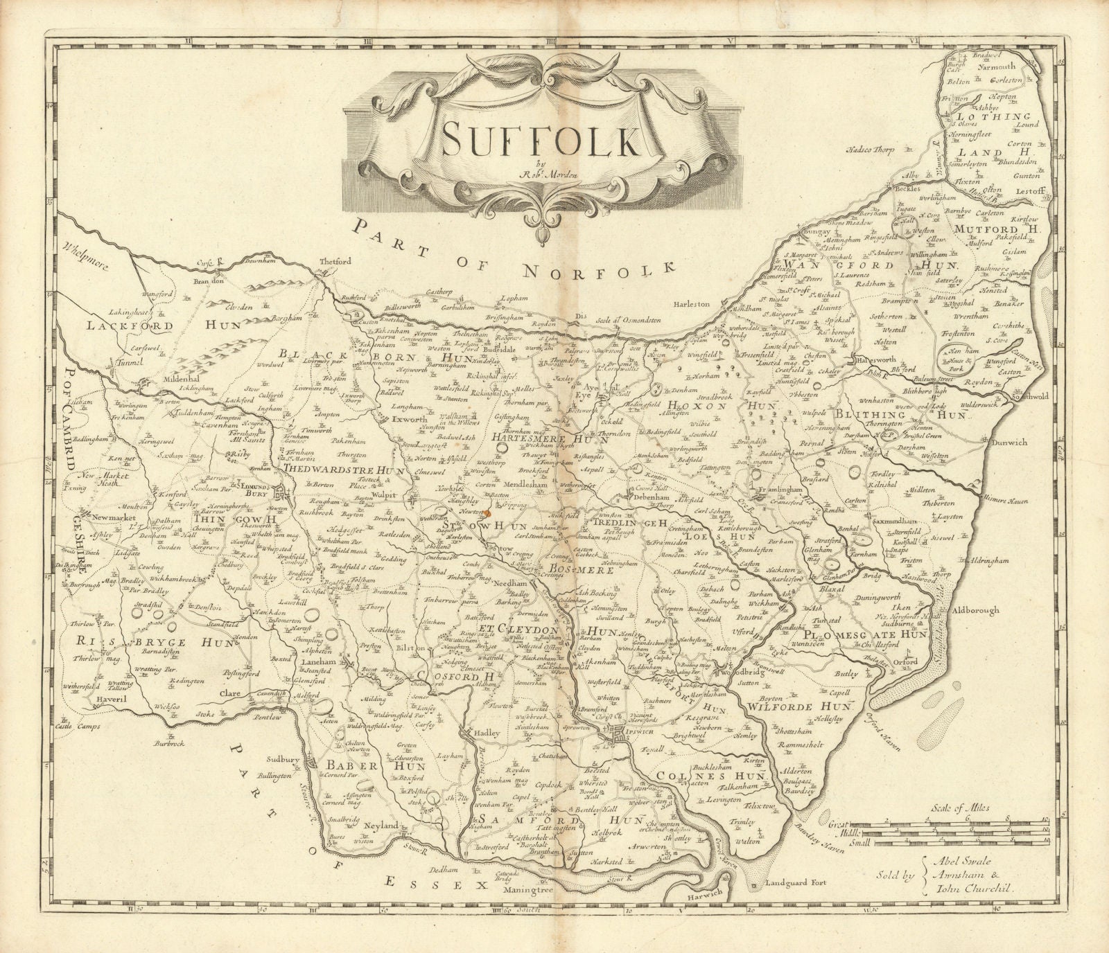 Suffolk by ROBERT MORDEN from Camden's Britannia 1695 old antique map chart